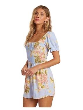 Billabong Light Blue Floral Puff-Sleeve Dress